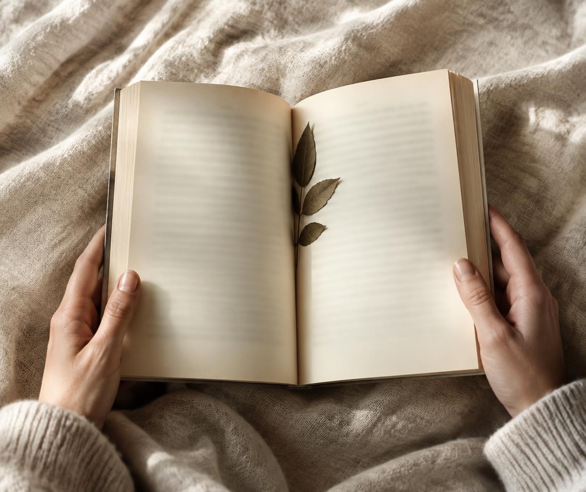 Manos sosteniendo un libro abierto sobre una manta de lino, con una hoja seca como marcapáginas