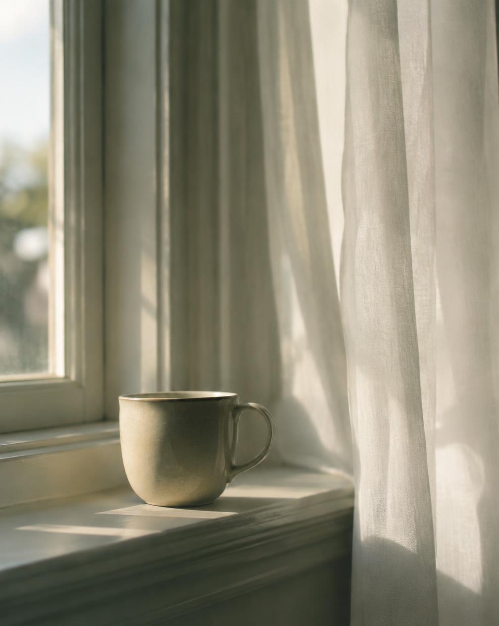 Una taza de cerámica olvidada sobre el alféizar de una ventana con cortinas claras y luz de tarde