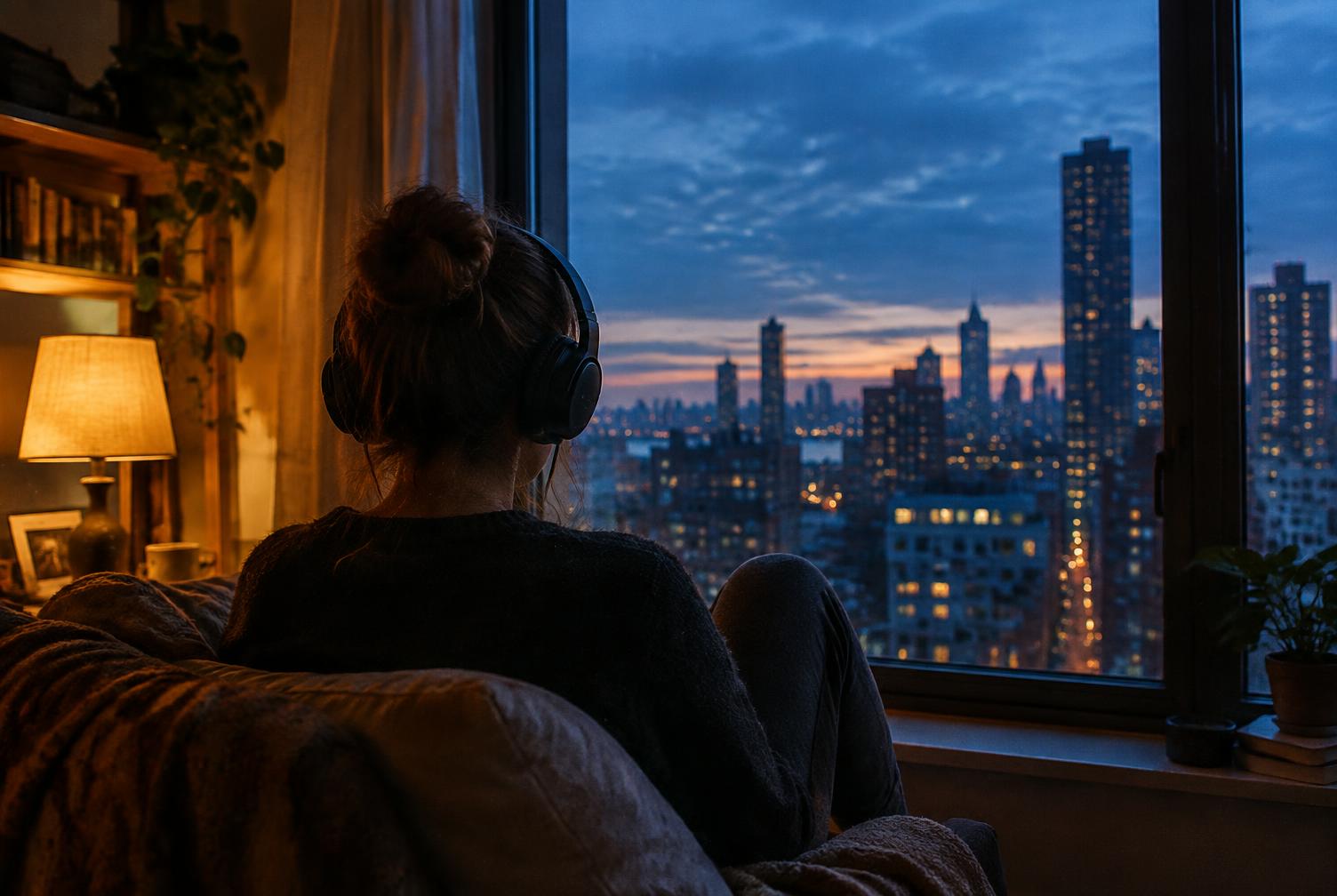 Fotografía ilustrativa: una persona de espaldas con auriculares mira la ciudad al anochecer desde una ventana. No es un fotograma de la película